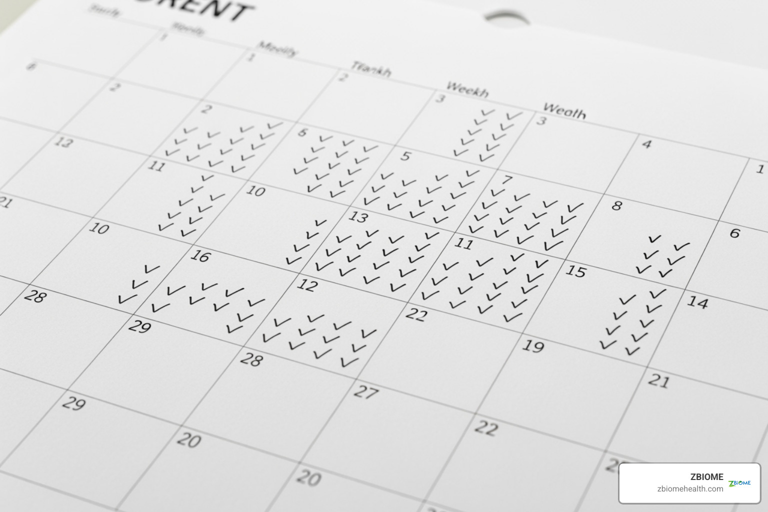 a calendar with small, consistent checkmarks - daily wellness routine