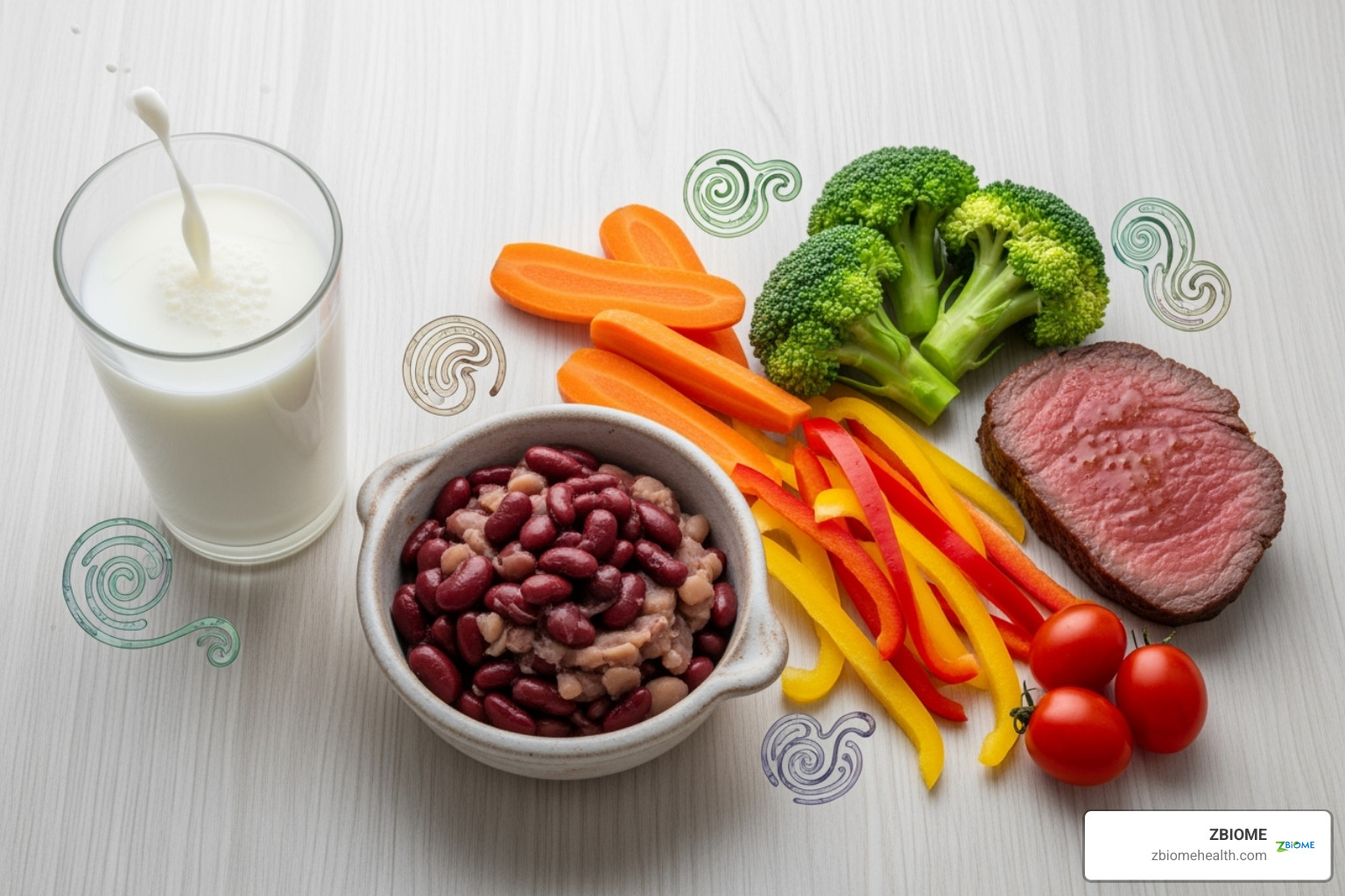 image of various foods (dairy, beans, vegetables, meat) with icons of the enzymes that break them down - digestive enzyme complex