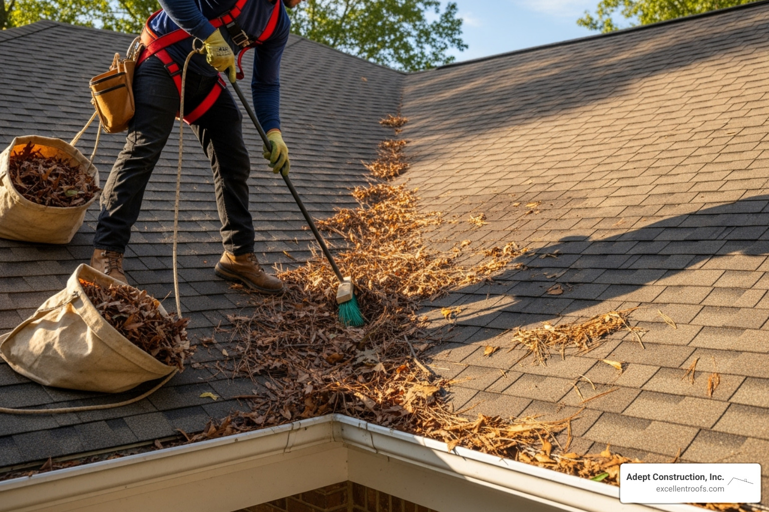 roofer cleaning debris from a roof valley - roof maintenance company naperville