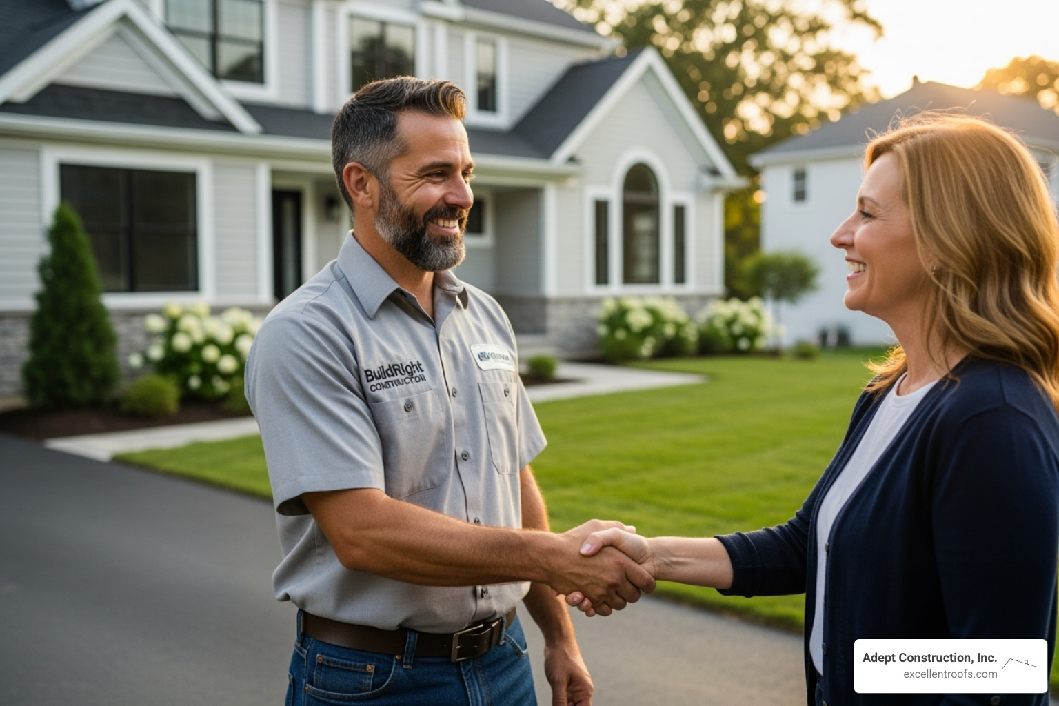 friendly contractor shaking hands with a homeowner - roof maintenance company naperville