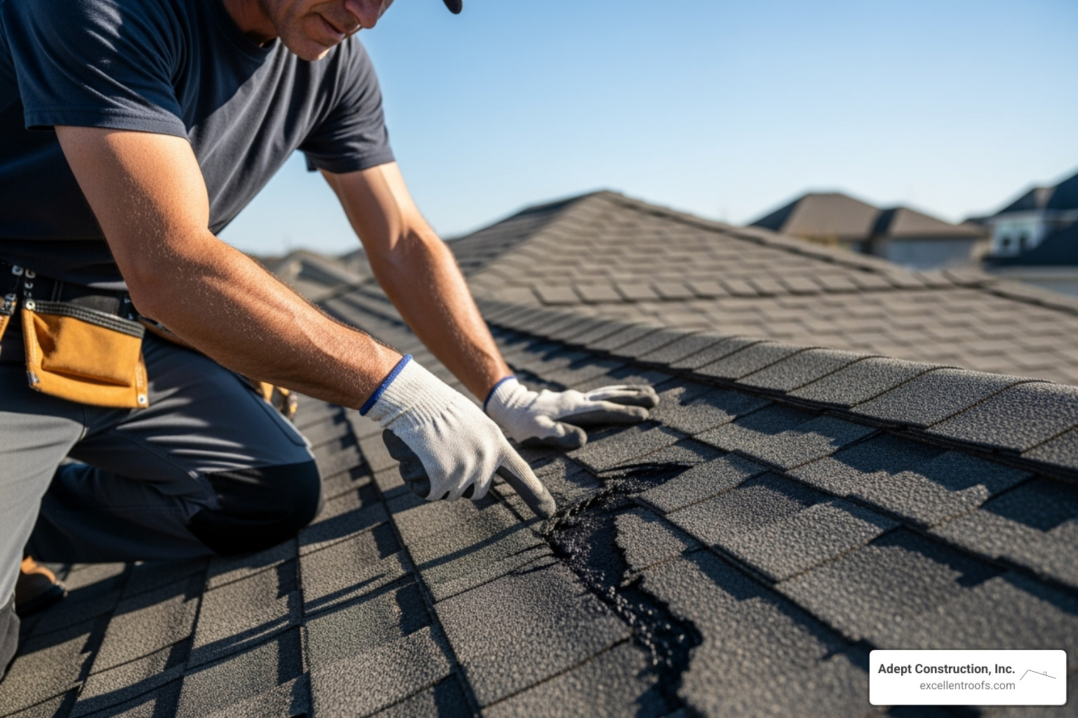 roofer inspecting a damaged shingle - roof maintenance company naperville