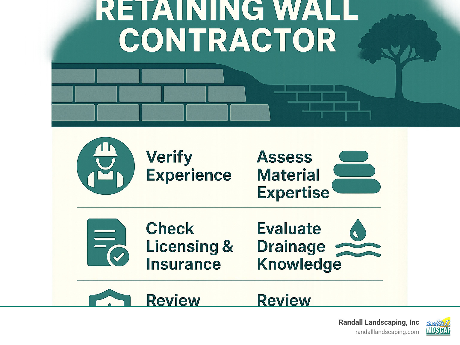 Infographic showing the key factors to consider when selecting a retaining wall contractor, including experience verification, material expertise, proper licensing and insurance, drainage knowledge, and warranty offerings - retaining walls contractor infographic 