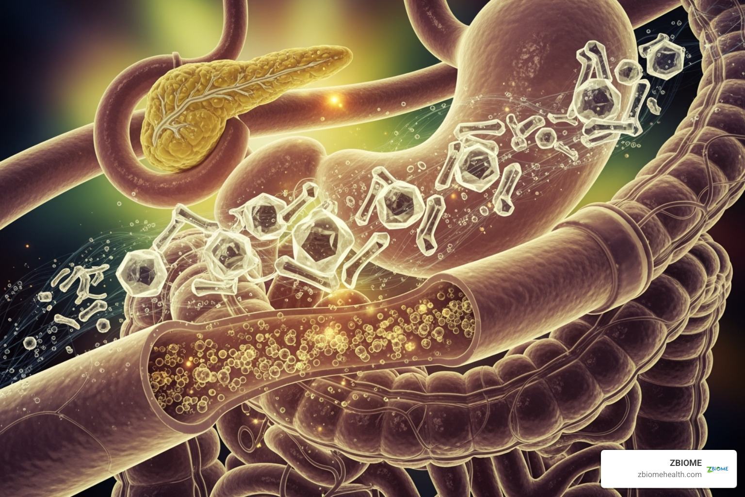image showing the pancreas, stomach, and small intestine highlighting enzyme production sites - digestive enzyme complex