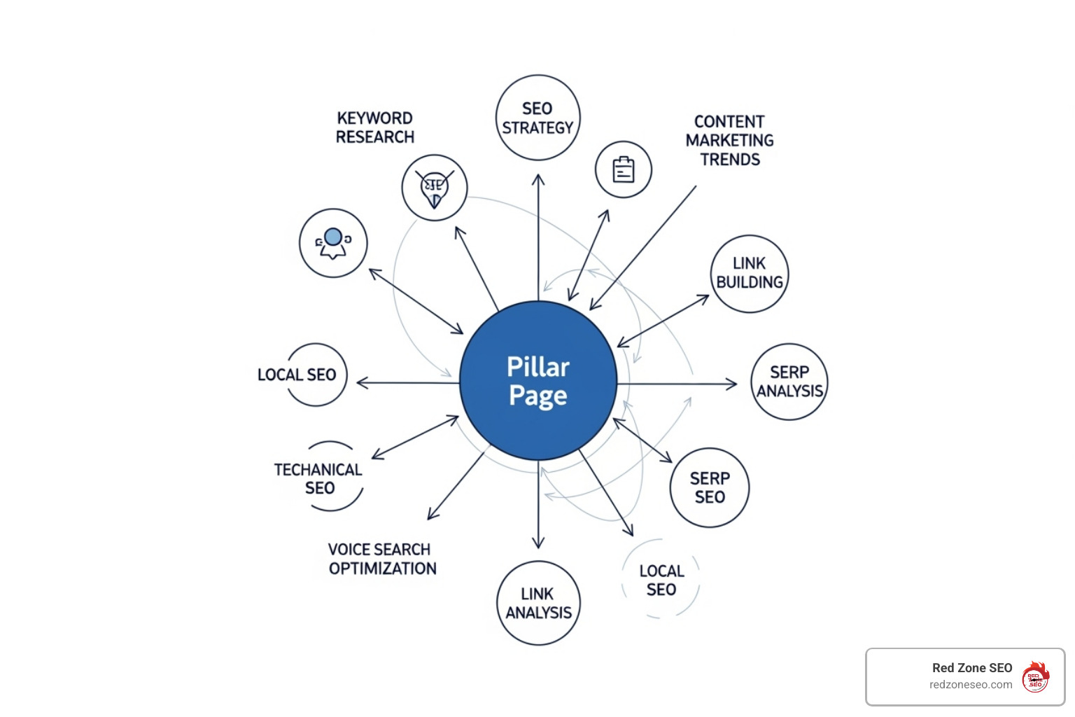 A diagram illustrating a topic cluster model, with a central "Pillar Page" titled "Cloud Computing Solutions" linked to several "Cluster Pages" such as "Cloud Security Best Practices," "Hybrid Cloud Benefits," "Cloud Migration Strategy," and "SaaS vs PaaS vs IaaS." All cluster pages also link back to the pillar page, and some link to each other, forming a comprehensive content network. - seo for b2b companies