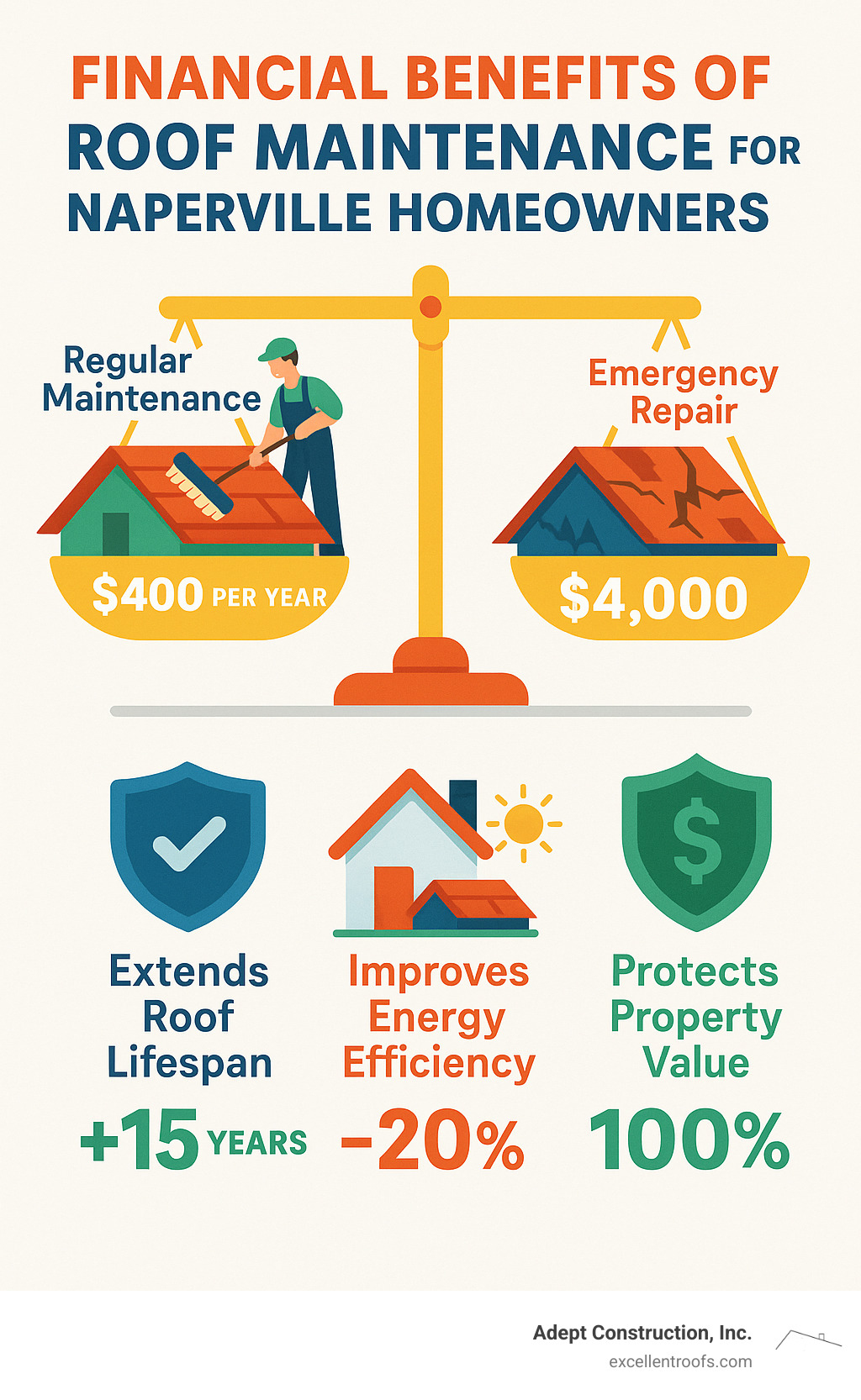 Infographic showing the financial comparison between regular roof maintenance costs versus emergency repair costs, including statistics on roof lifespan extension, energy savings, and property value protection for Naperville homeowners - roof maintenance company naperville infographic 