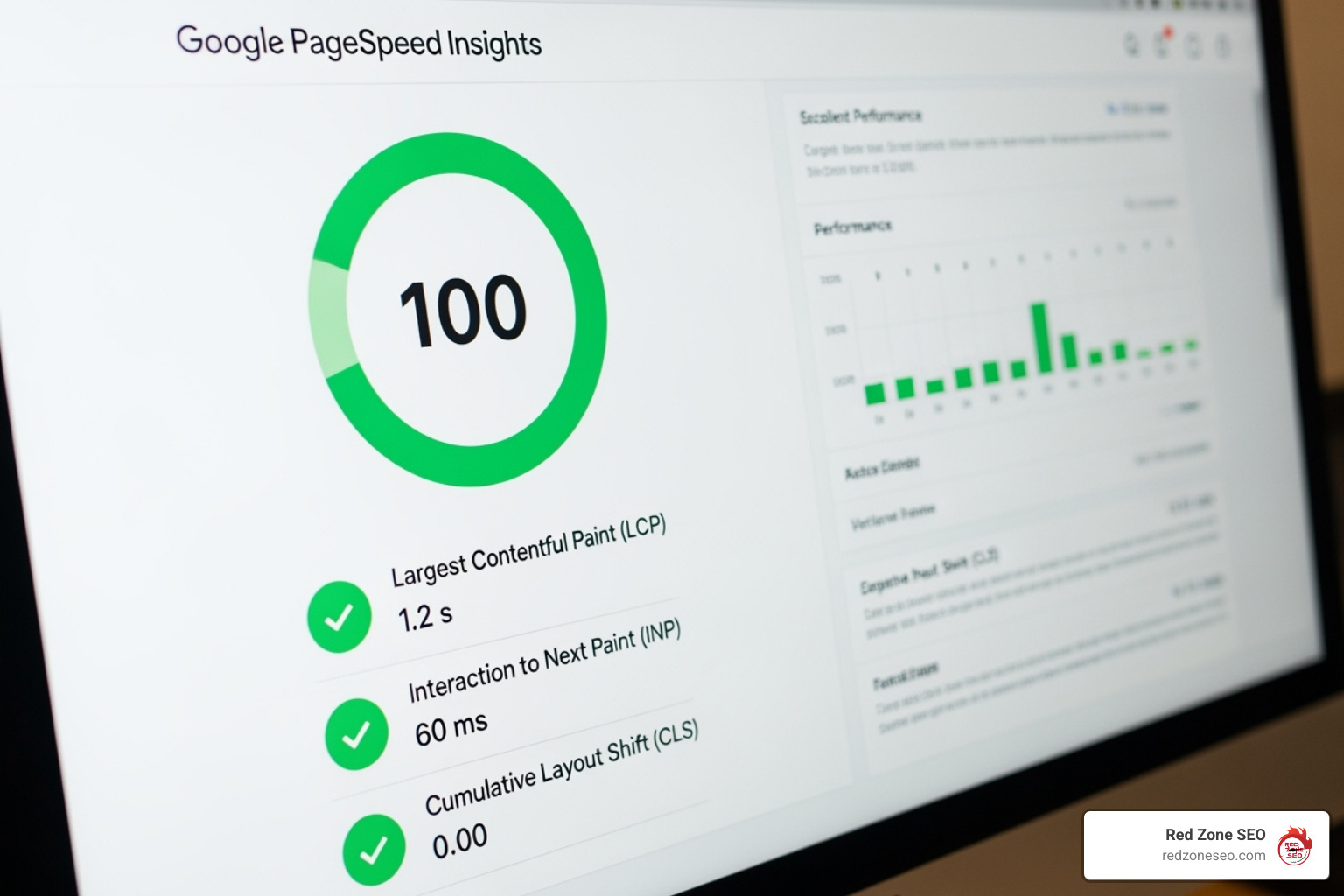 A screenshot of a Google PageSpeed Insights report showing excellent Core Web Vitals scores (all green) for Largest Contentful Paint (LCP), Interaction to Next Paint (INP), and Cumulative Layout Shift (CLS), indicating a highly optimized website performance. - seo for b2b companies