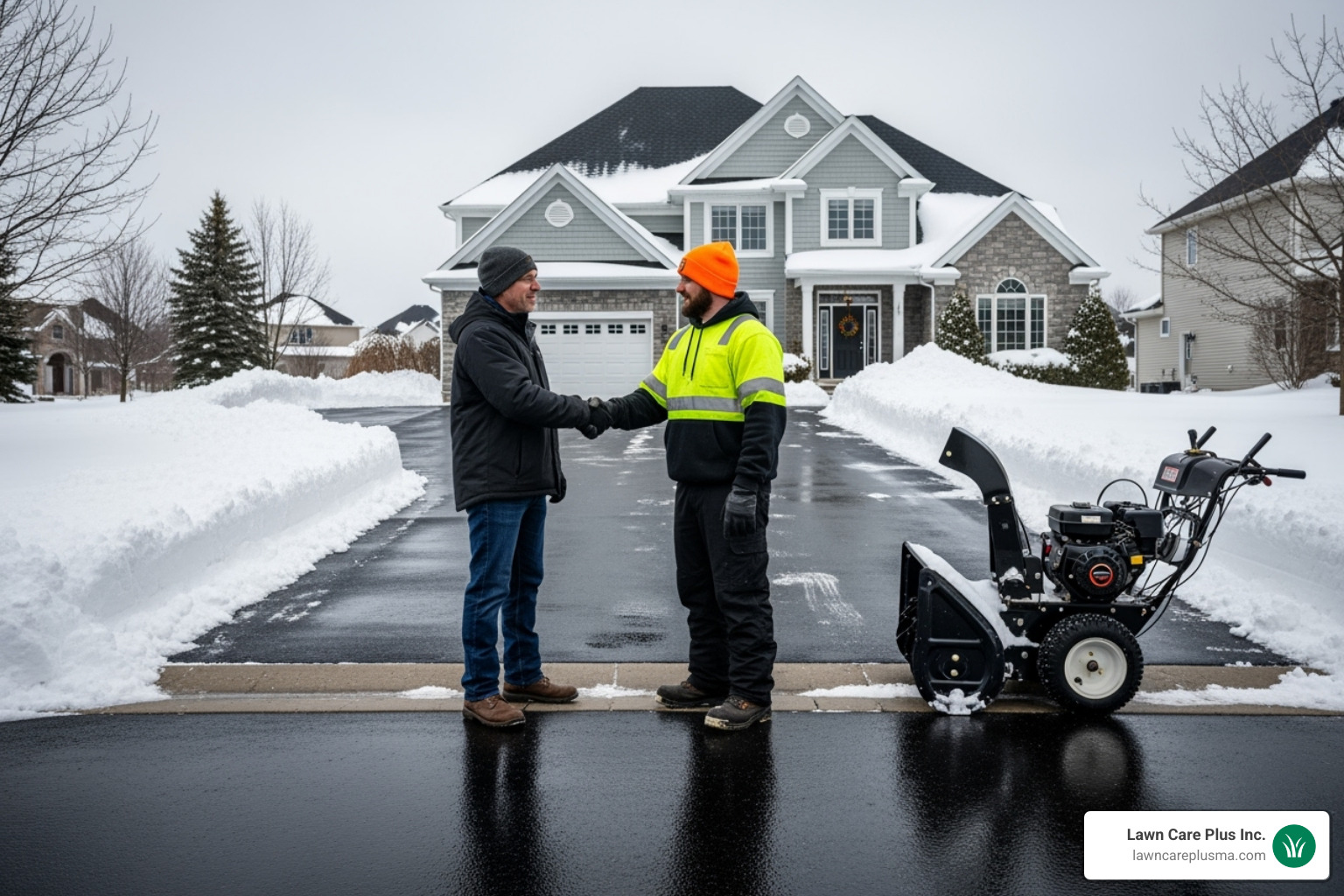 A homeowner shaking hands with a uniformed snow removal professional - snow clearing services near me A homeowner shaking hands with a uniformed snow removal professional - snow clearing services near me