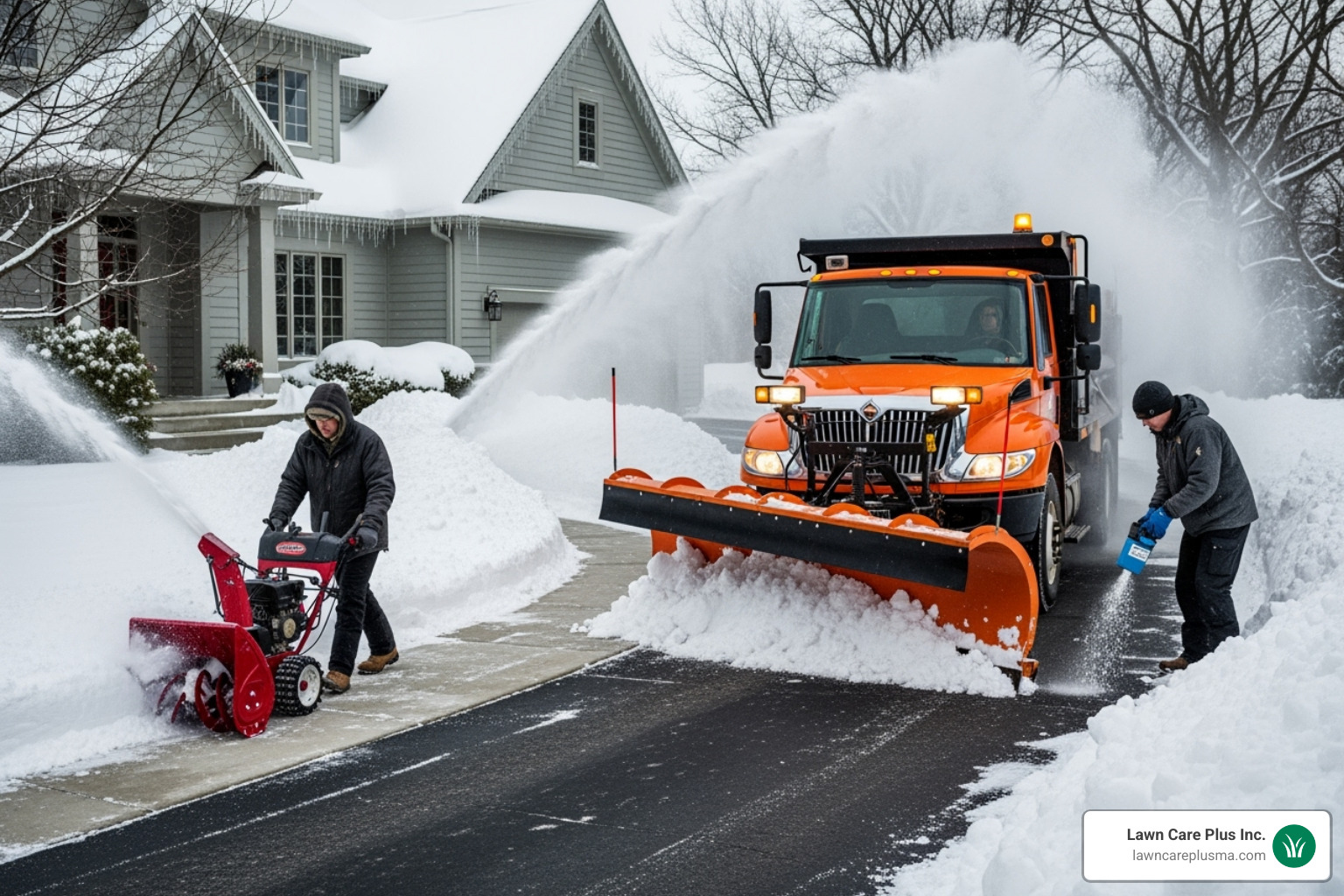Different snow removal equipment like a plow truck, a snowblower, and a person salting a walkway - snow clearing services near me Different snow removal equipment like a plow truck, a snowblower, and a person salting a walkway - snow clearing services near me