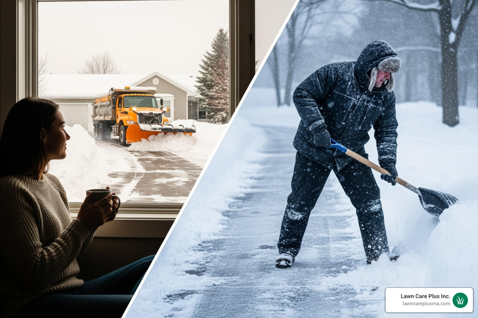 Contrasting a person safely inside their warm home while a professional clears their snow with someone struggling with a shovel in the cold - snow clearing services near me Contrasting a person safely inside their warm home while a professional clears their snow with someone struggling with a shovel in the cold - snow clearing services near me