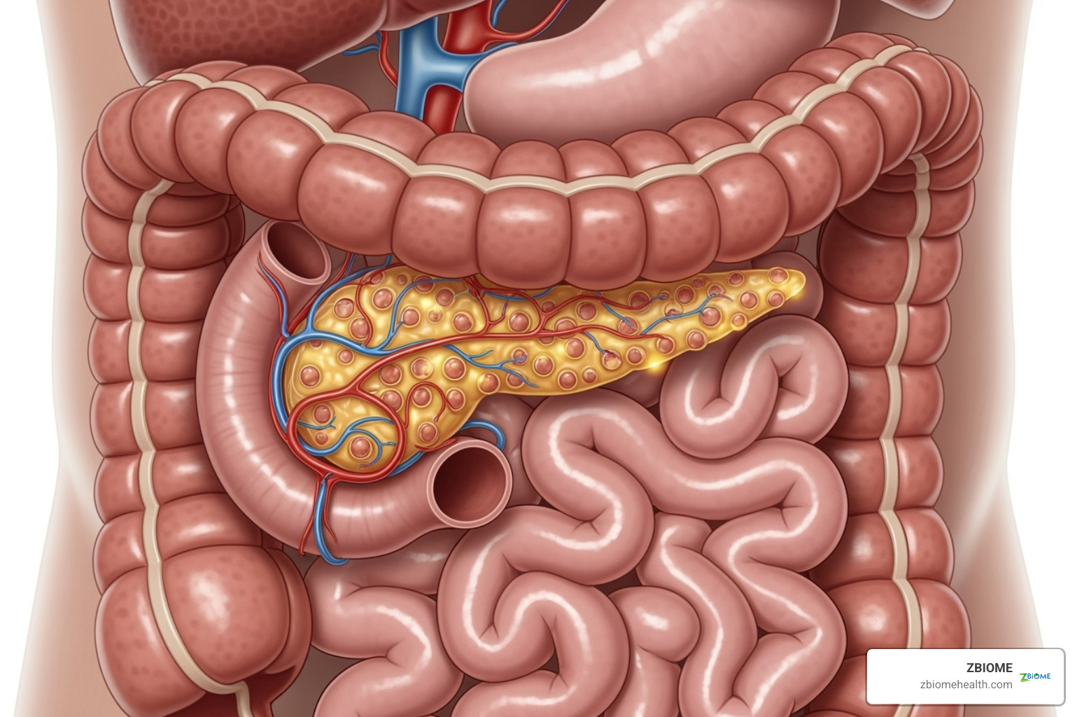 Image of the pancreas and small intestine highlighting enzyme production and their roles in the digestive process - natural digestive aid