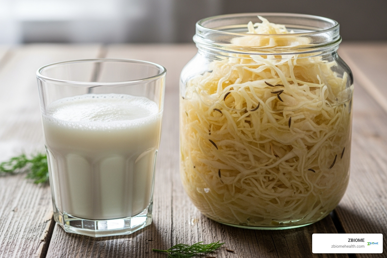 Image of a glass of kefir and a jar of sauerkraut, highlighting the benefits of fermented foods for digestion - natural digestive aid
