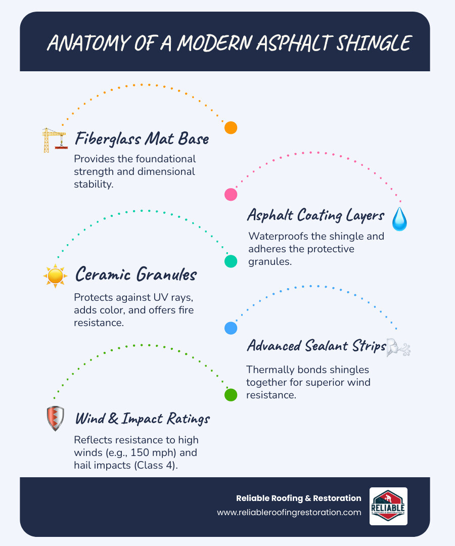 Detailed infographic showing the anatomy of modern asphalt shingles including fiberglass mat base, asphalt coating layers, ceramic granules for UV protection, and advanced sealant strips with wind resistance ratings and impact classifications - best asphalt roof shingles 2025 infographic infographic-line-5-steps-blues-accent_colors