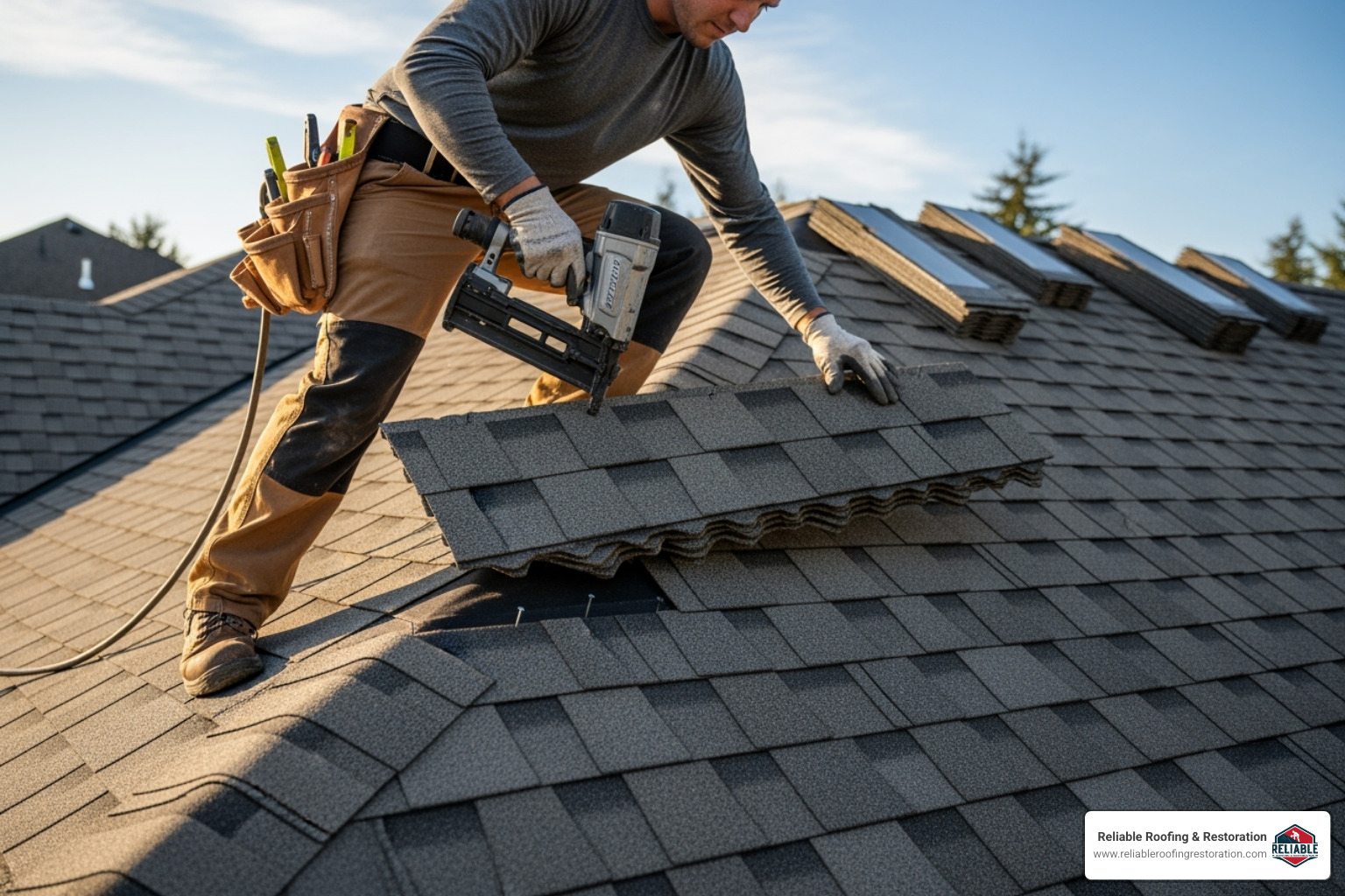 professional roofer correctly installing an architectural shingle - best asphalt roof shingles 2025