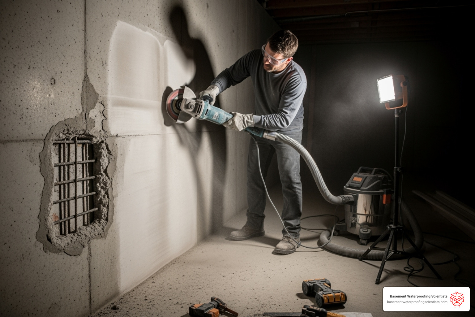 a wall being ground down to prepare the surface for epoxy - diy carbon fiber foundation repair