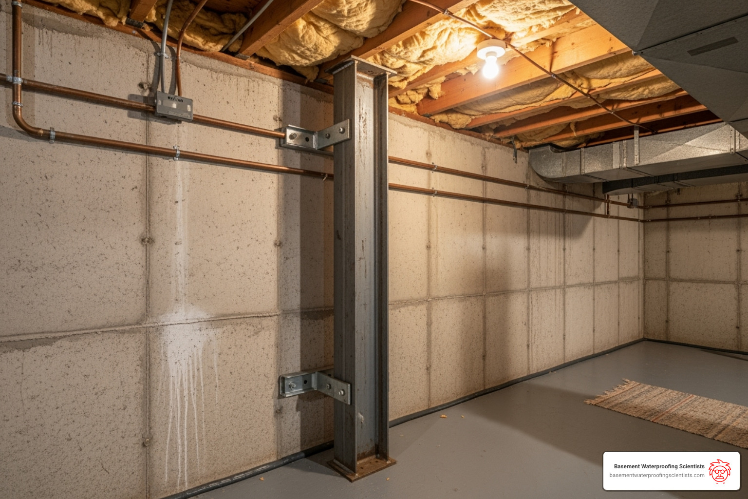 steel I-beam installed against a basement wall for comparison - diy carbon fiber foundation repair