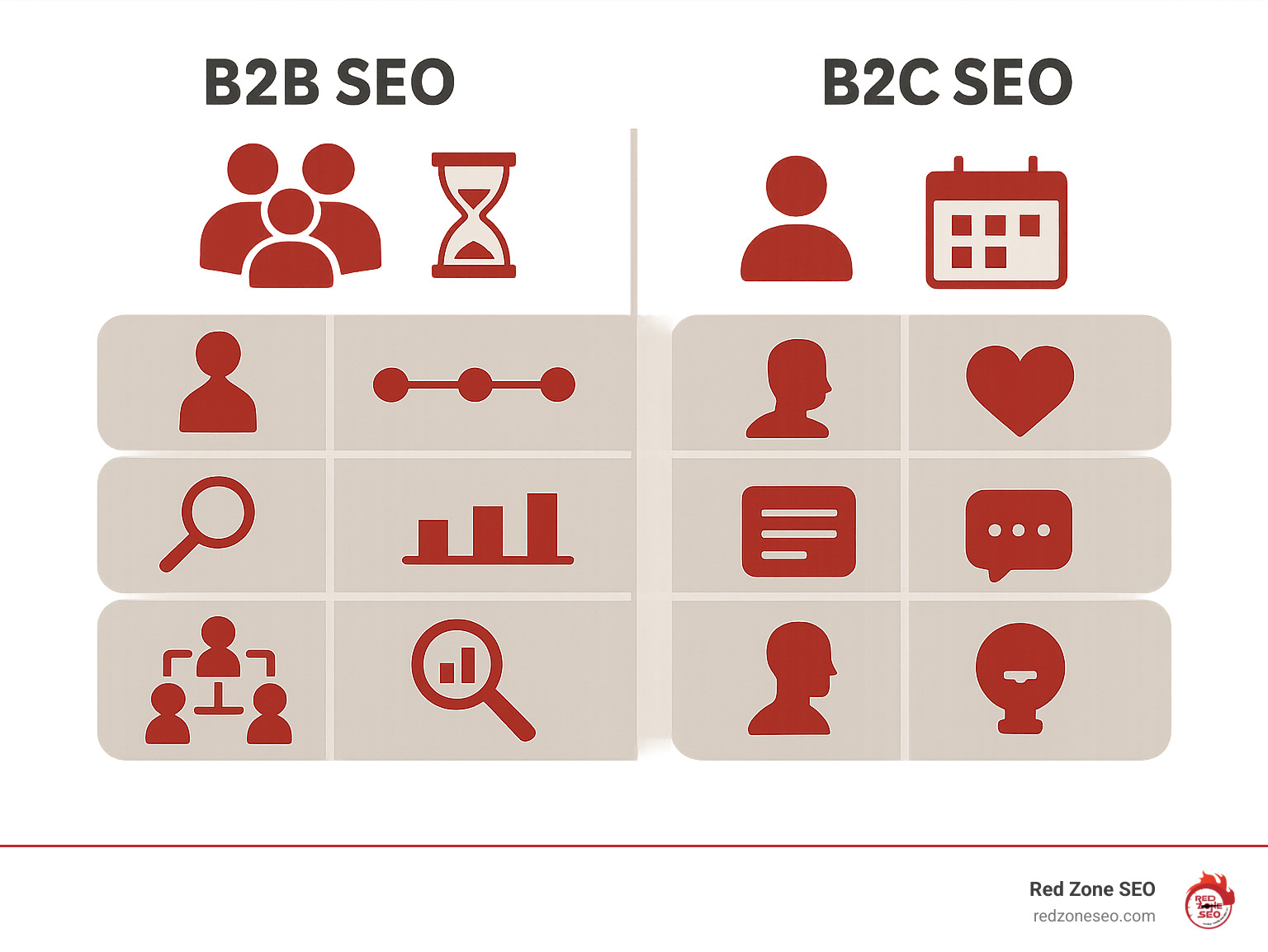 Comprehensive infographic showing B2B vs B2C SEO differences including audience types, sales cycle length, keyword characteristics, content strategies, and decision-making processes with visual representations of buying committees versus individual consumers - seo for b2b companies infographic 