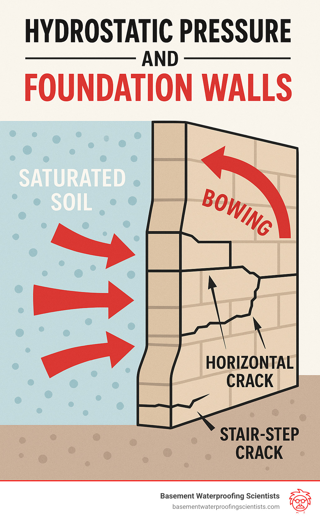 Infographic showing how hydrostatic pressure from saturated soil pushes against foundation walls, causing them to bow inward and develop horizontal or stair-step cracks, with arrows indicating pressure points and common failure patterns - diy carbon fiber foundation repair infographic 