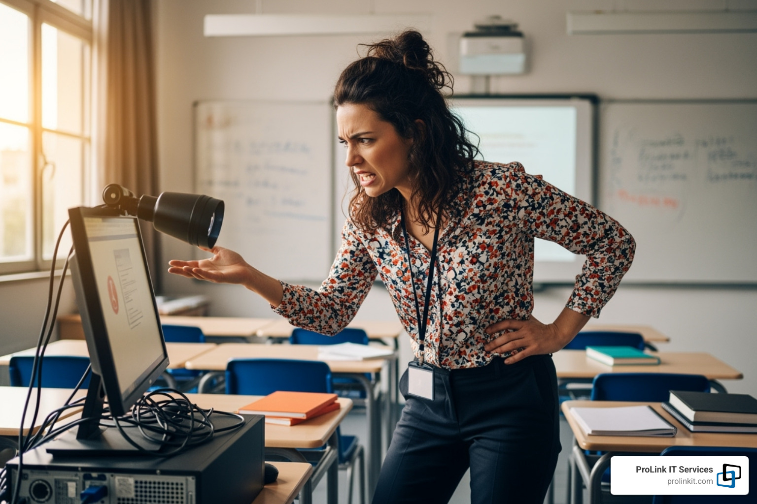 A frustrated teacher trying to troubleshoot a classroom technology issue - managed it services for schools utah A frustrated teacher trying to troubleshoot a classroom technology issue - managed it services for schools utah