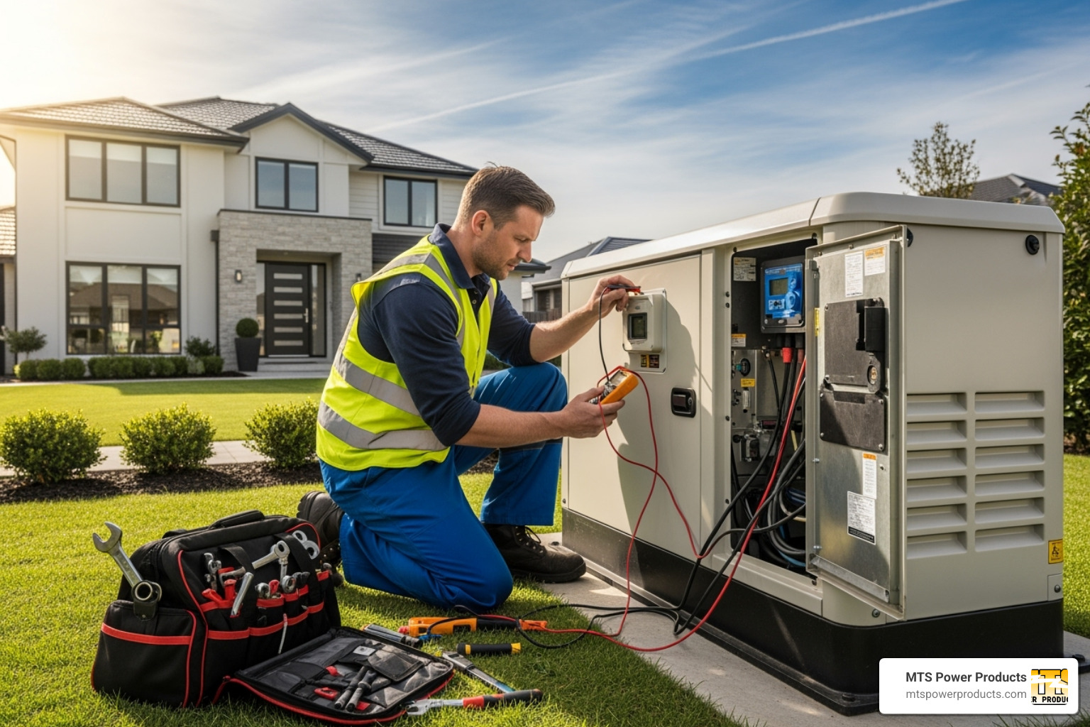 Technician performing maintenance on a residential generator - electric generator miami