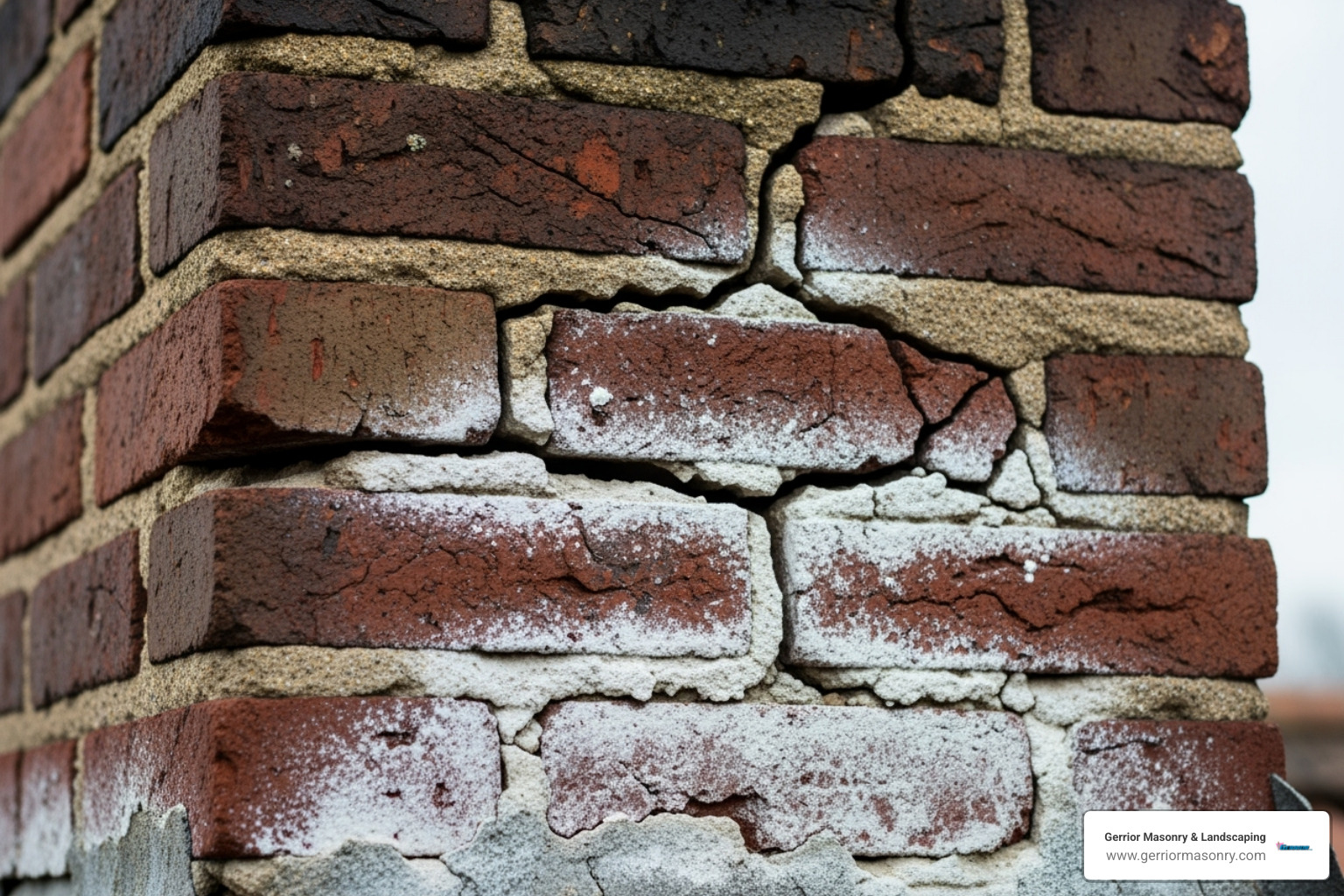 A close-up image of a brick chimney showing visible cracks in the mortar joints and some white efflorescence on the bricks, indicating moisture issues. - cost to repair chimney mortar