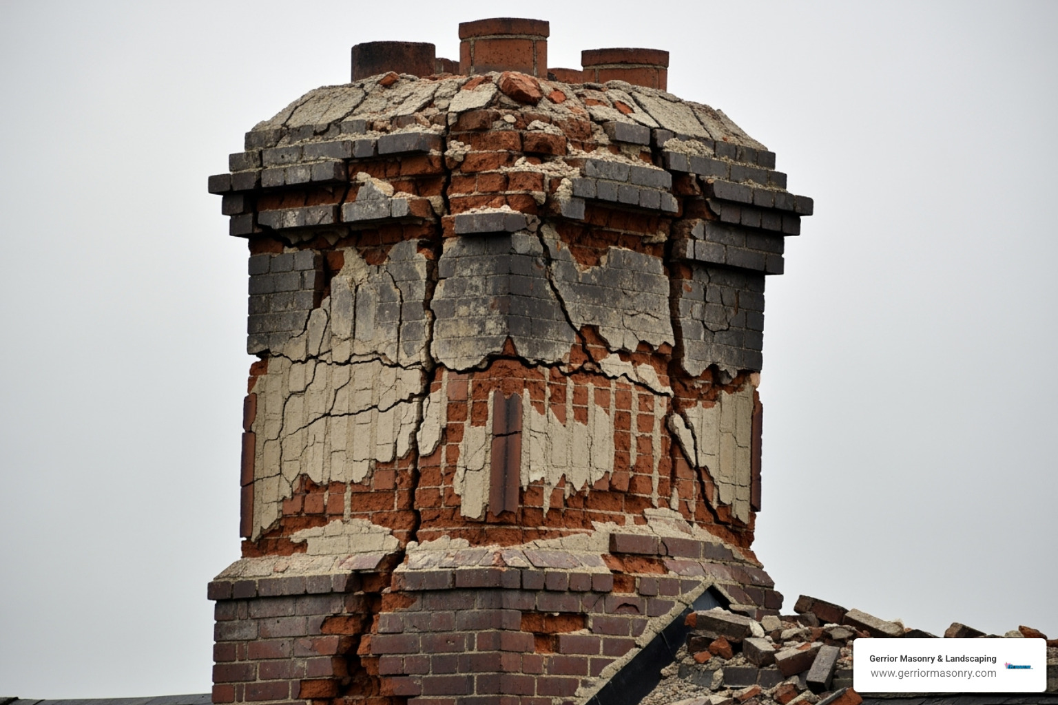 A severely damaged brick chimney with large cracks, missing mortar, and a noticeable lean, indicating a high risk of structural collapse. - cost to repair chimney mortar