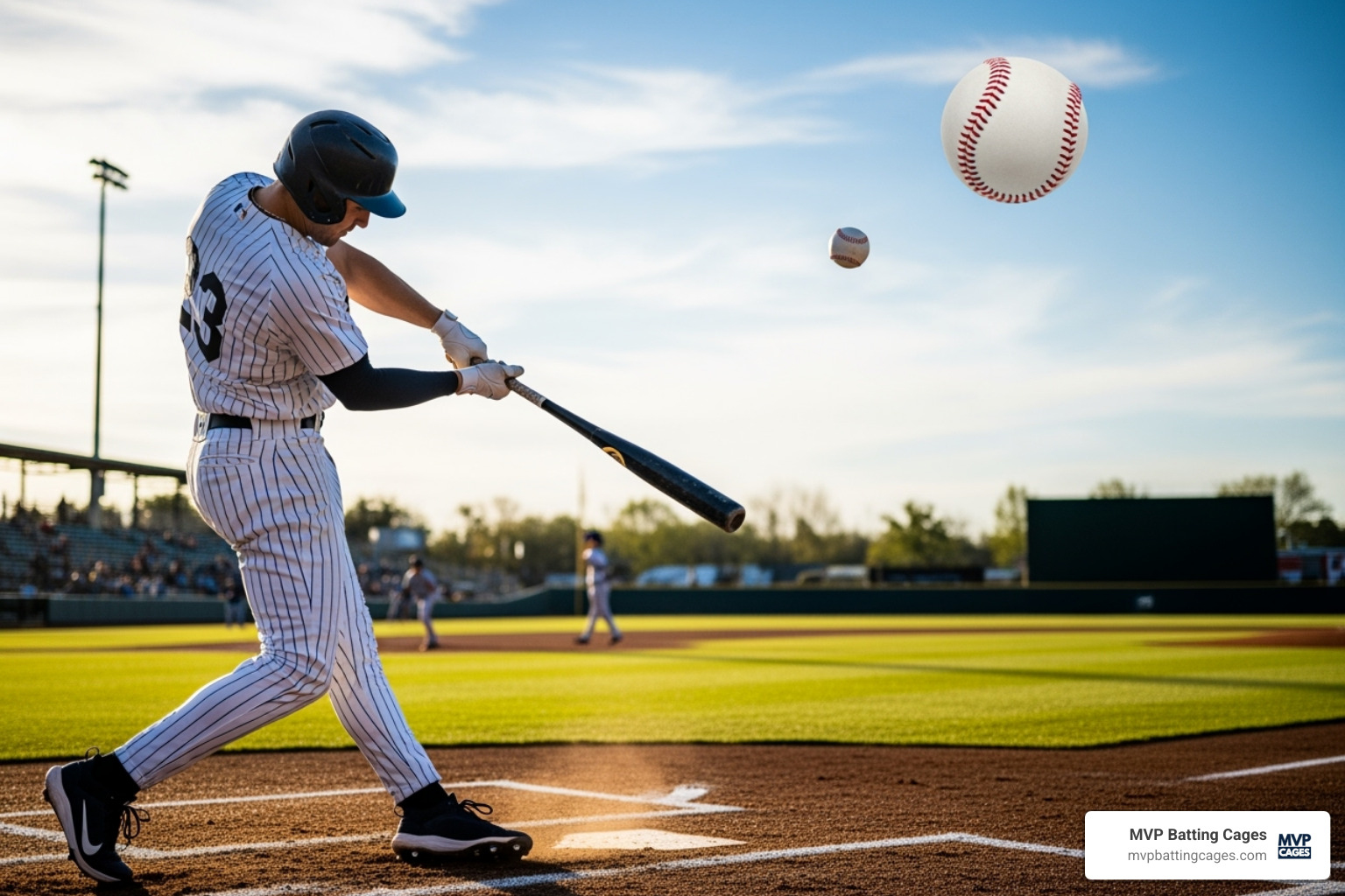 A baseball hitter demonstrating a good launch angle with the ball in flight - exit velocity training