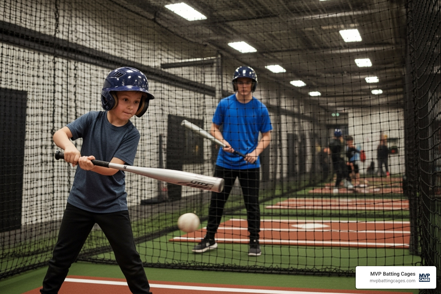 child and teenager in batting cages - batting cage party