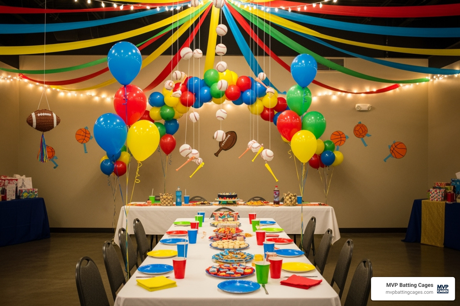 decorated party area - batting cage party