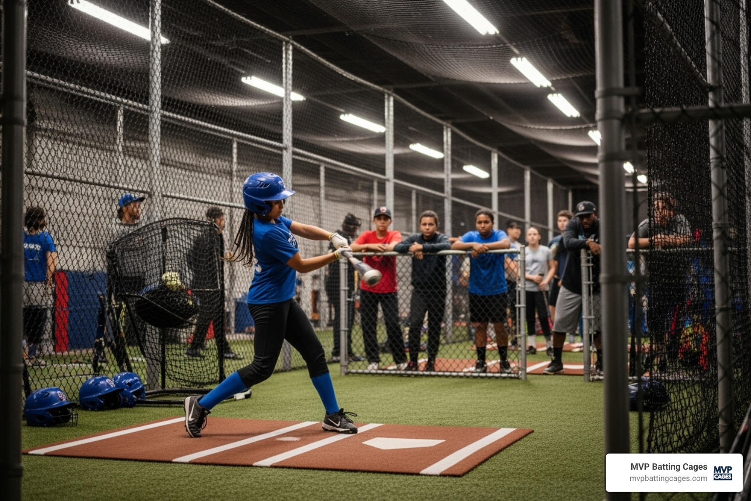 Diverse group of players (youth and adult) in a batting cage - hittrax hitting leagues