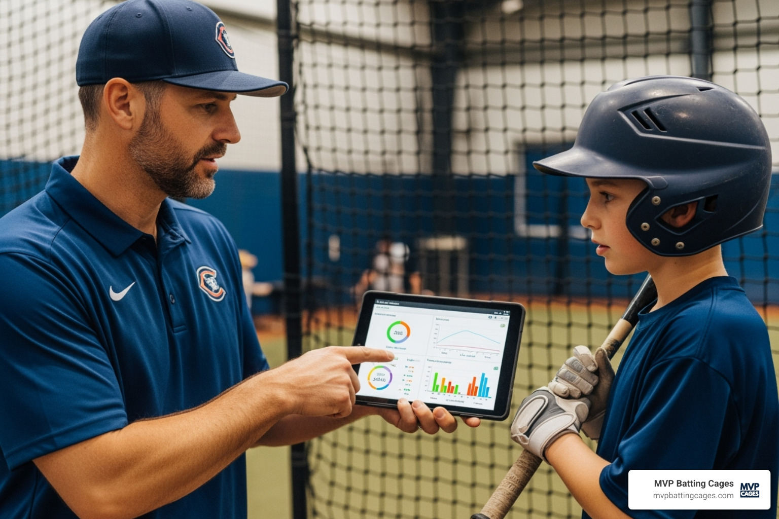 Coach showing player HitTrax stats on a tablet - hittrax hitting leagues