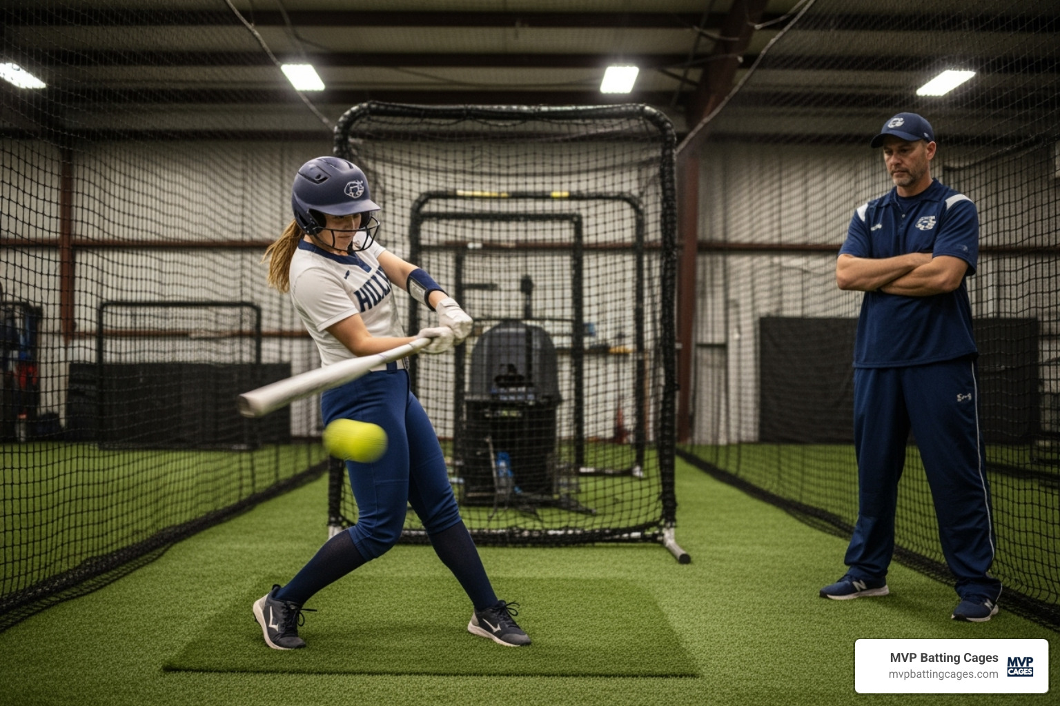 a player in a batting cage with a hitting coach - softball exit velocity