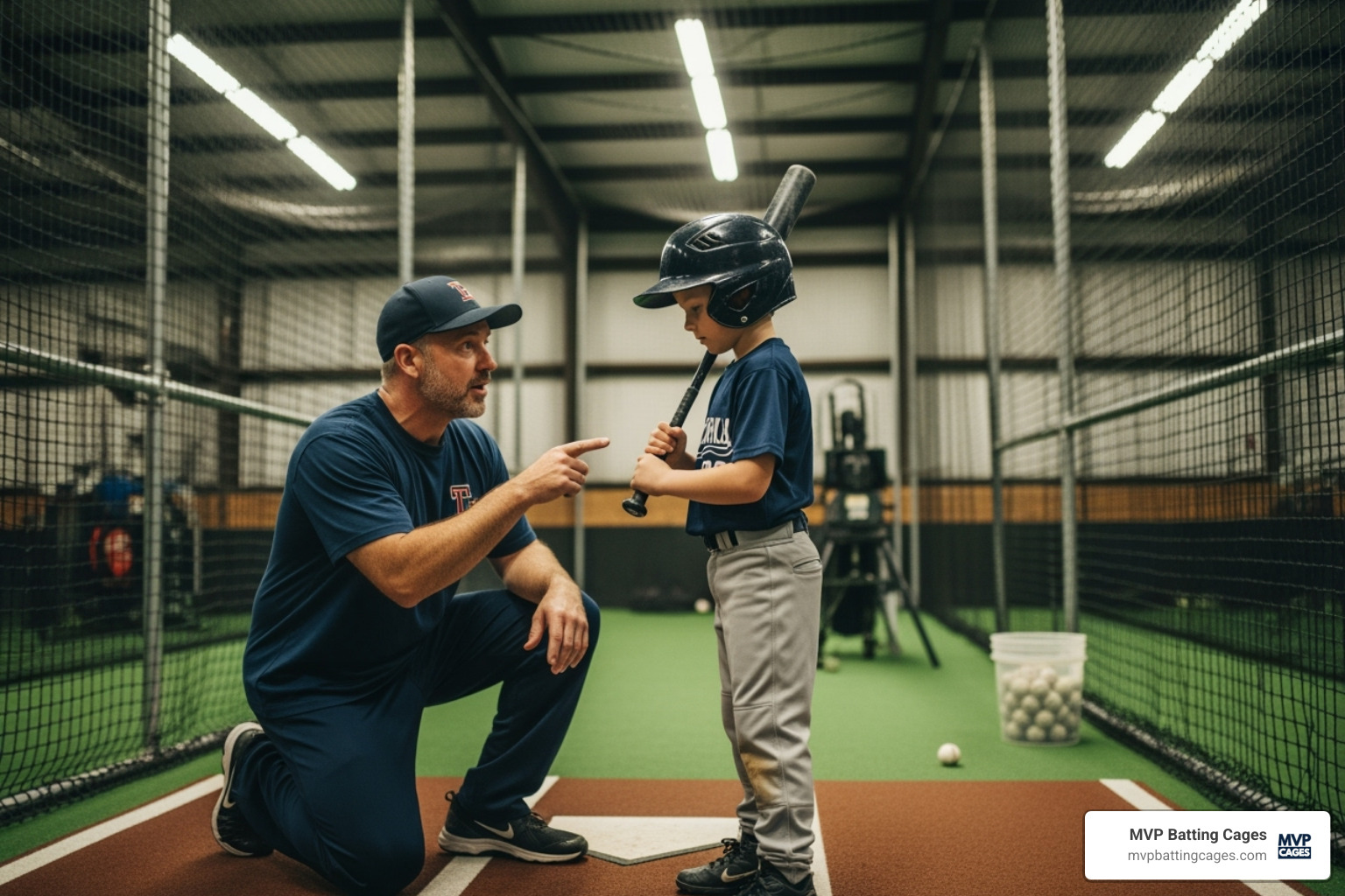 coach giving a young player tips in a batting cage - batting cage rental