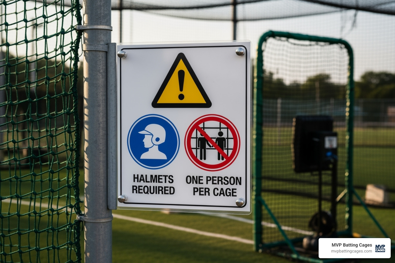 clear safety sign outside a batting cage listing rules like "Helmets Required" - batting cage rental