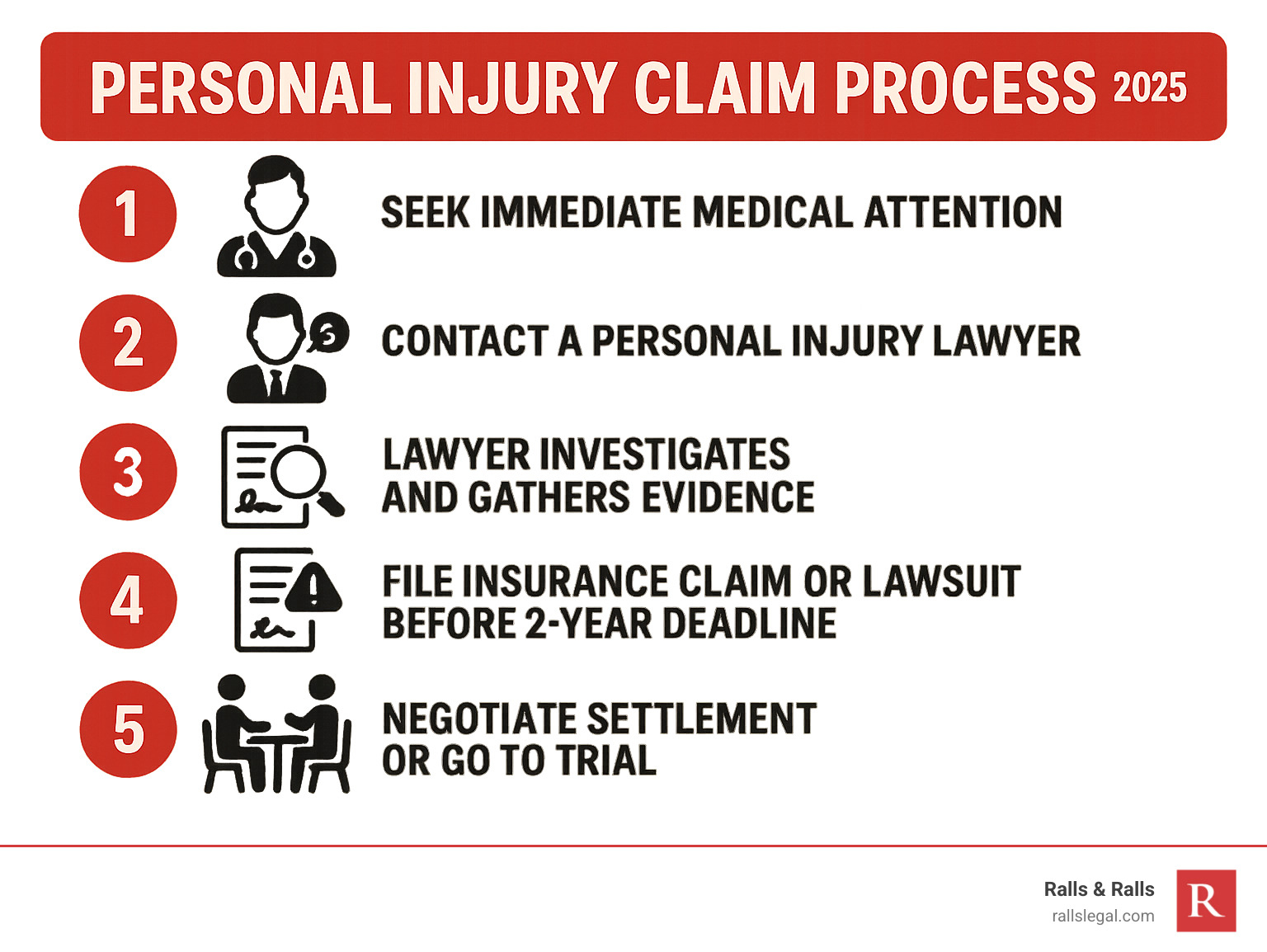 Infographic showing the 5 key steps of a personal injury claim: 1) Seek immediate medical attention, 2) Contact a personal injury lawyer for free consultation, 3) Lawyer investigates and gathers evidence, 4) File insurance claim or lawsuit before 2-year deadline, 5) Negotiate settlement or go to trial for maximum compensation - personal injury lawyer lorain infographic 