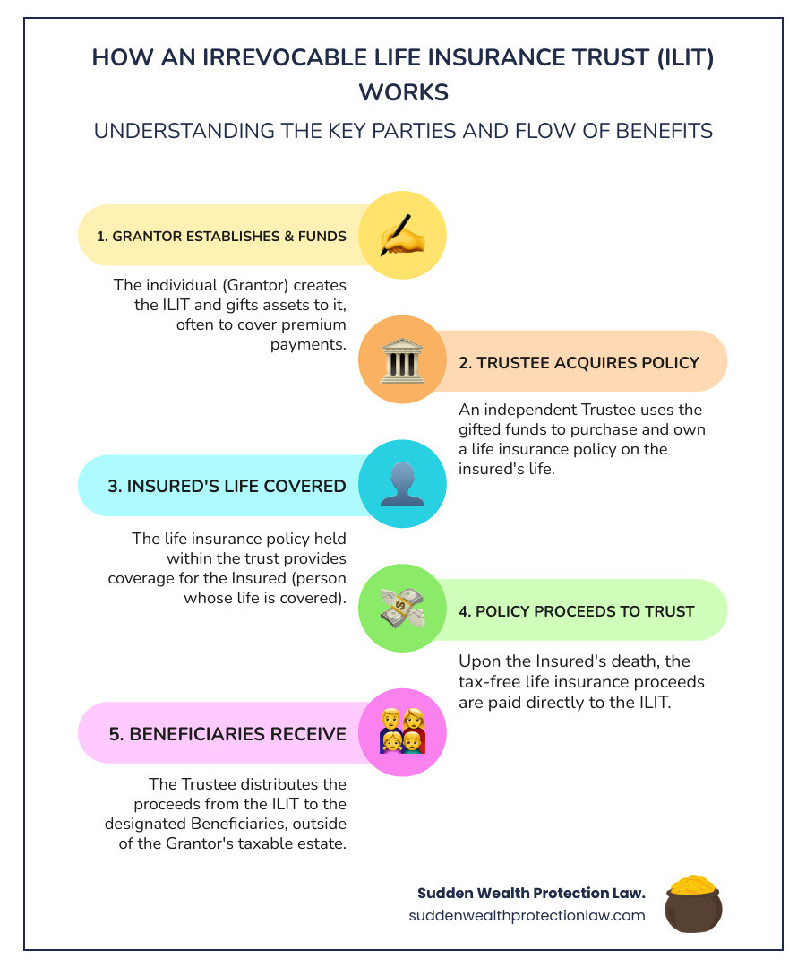 diagram showing the parties involved in an ILIT structure - benefits of an irrevocable life insurance trust diagram showing the parties involved in an ILIT structure - benefits of an irrevocable life insurance trust