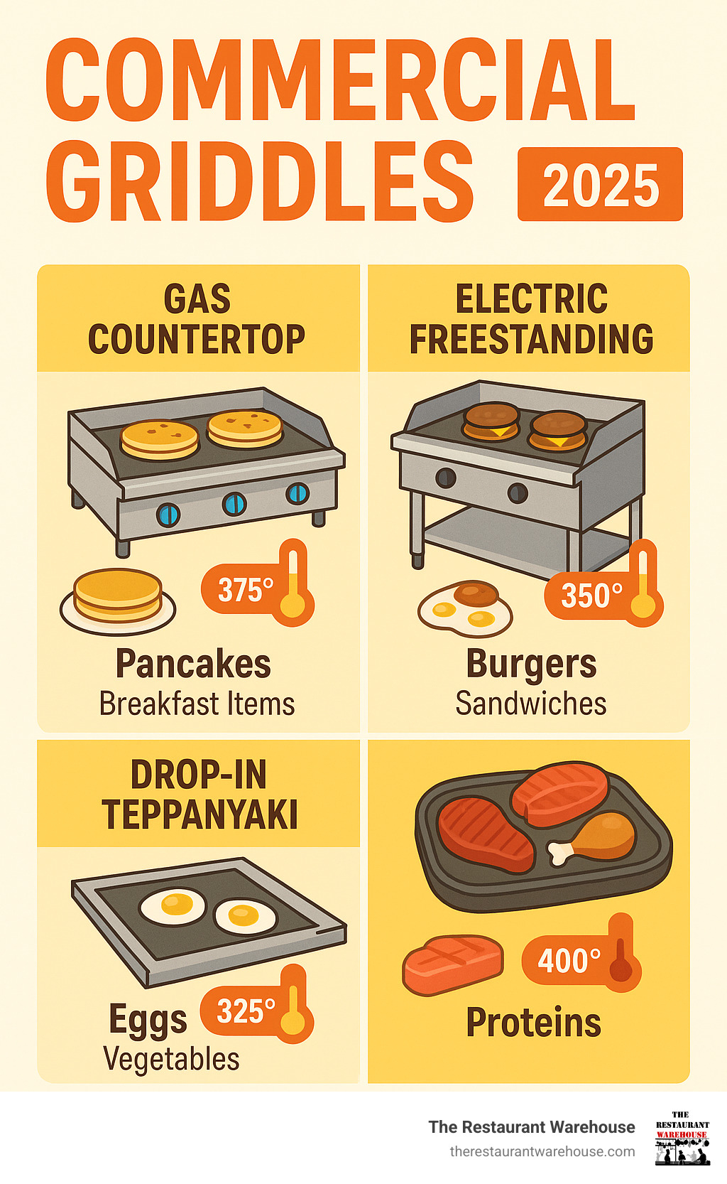 Infographic showing different types of commercial griddles including gas countertop models, electric freestanding units, drop-in teppanyaki grills, and the variety of foods that can be cooked on each type such as pancakes, burgers, eggs, vegetables, and proteins with corresponding cooking temperatures and applications - commercial griddles infographic Infographic showing different types of commercial griddles including gas countertop models, electric freestanding units, drop-in teppanyaki grills, and the variety of foods that can be cooked on each type such as pancakes, burgers, eggs, vegetables, and proteins with corresponding cooking temperatures and applications - commercial griddles infographic