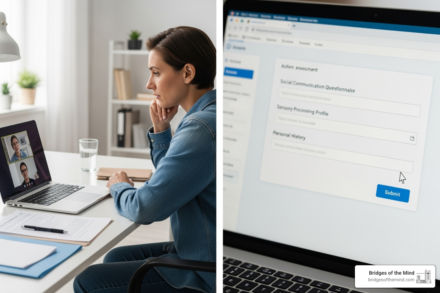 A tablet screen displaying a sample online autism questionnaire with multiple-choice options, symbolizing the digital nature of the assessment process. - Adult autism assessment online