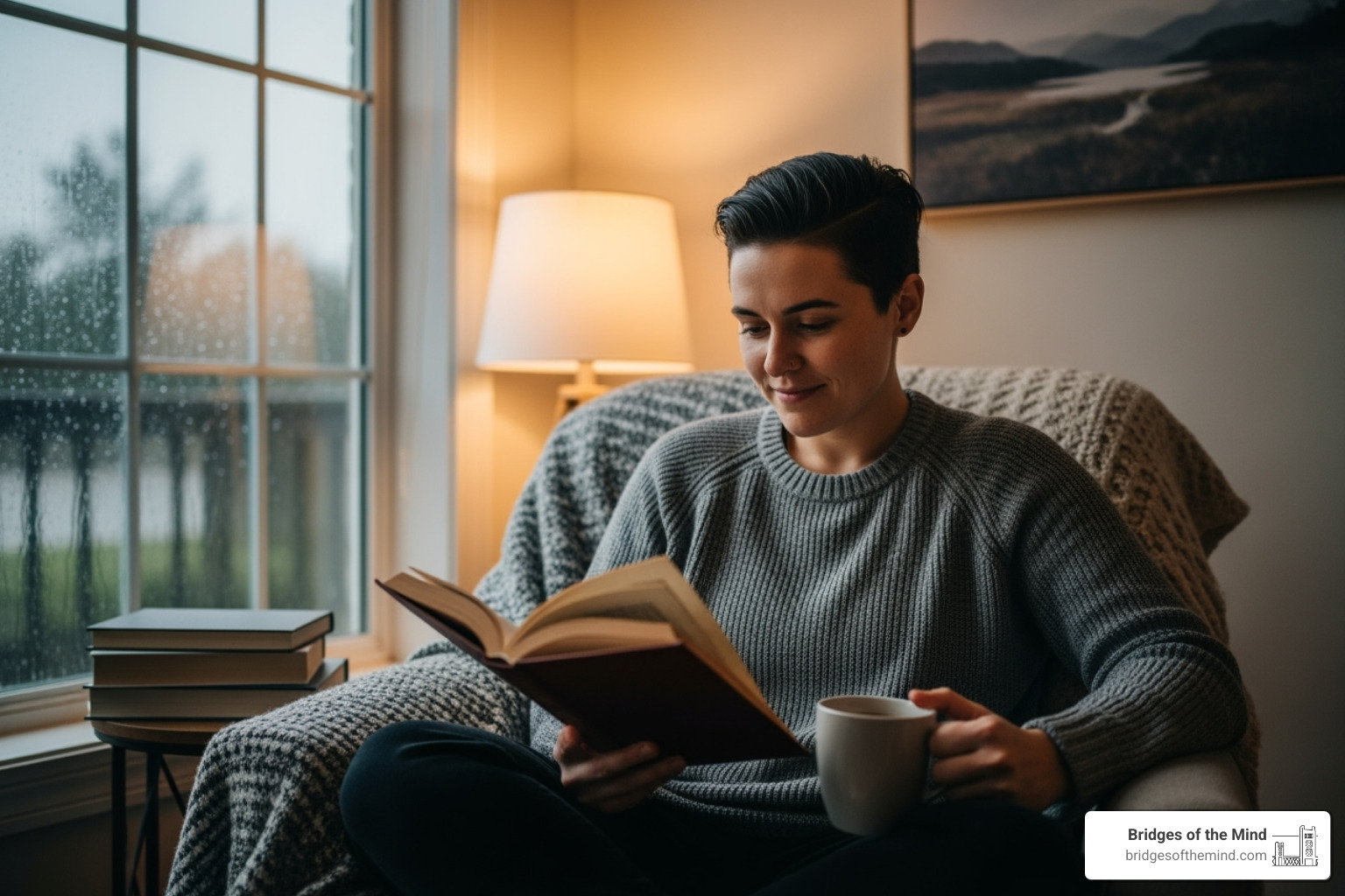 A person looking relieved and content while reading a book, symbolizing self-understanding and peace - adult autism assessment A person looking relieved and content while reading a book, symbolizing self-understanding and peace - adult autism assessment