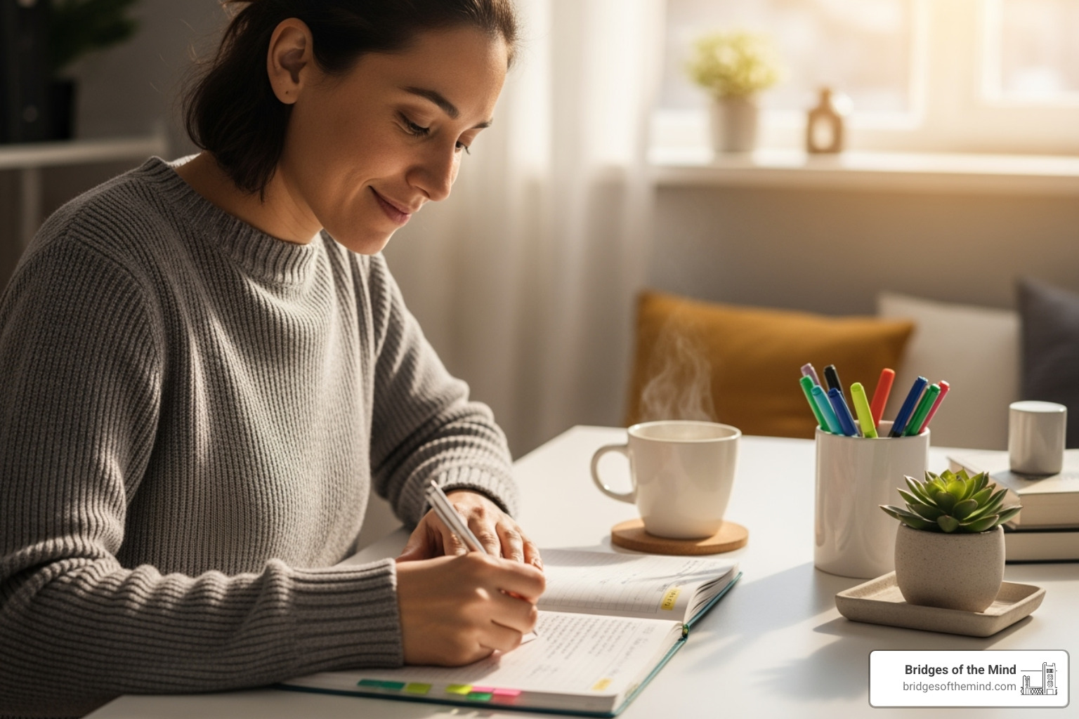 A person successfully using a planner and smiling, indicating improved organization and well-being - ADHD testing San Jose