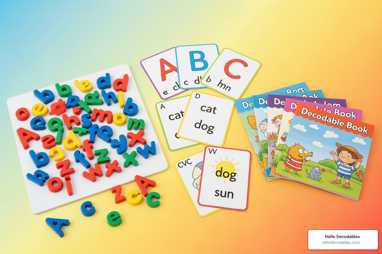 A phonics toolkit with colorful magnetic letters, flashcards with letters and words, and a stack of engaging decodable books, all on a bright, inviting background. - at home phonics
