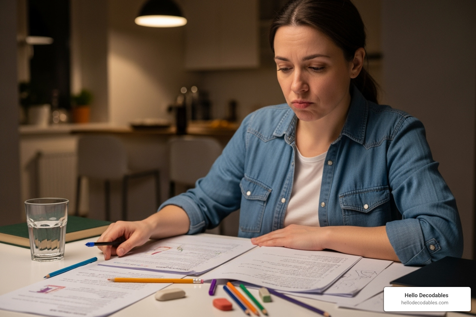 A parent looking thoughtfully at a child's homework, with a puzzled yet determined expression, suggesting contemplation about how to best help. - at home phonics