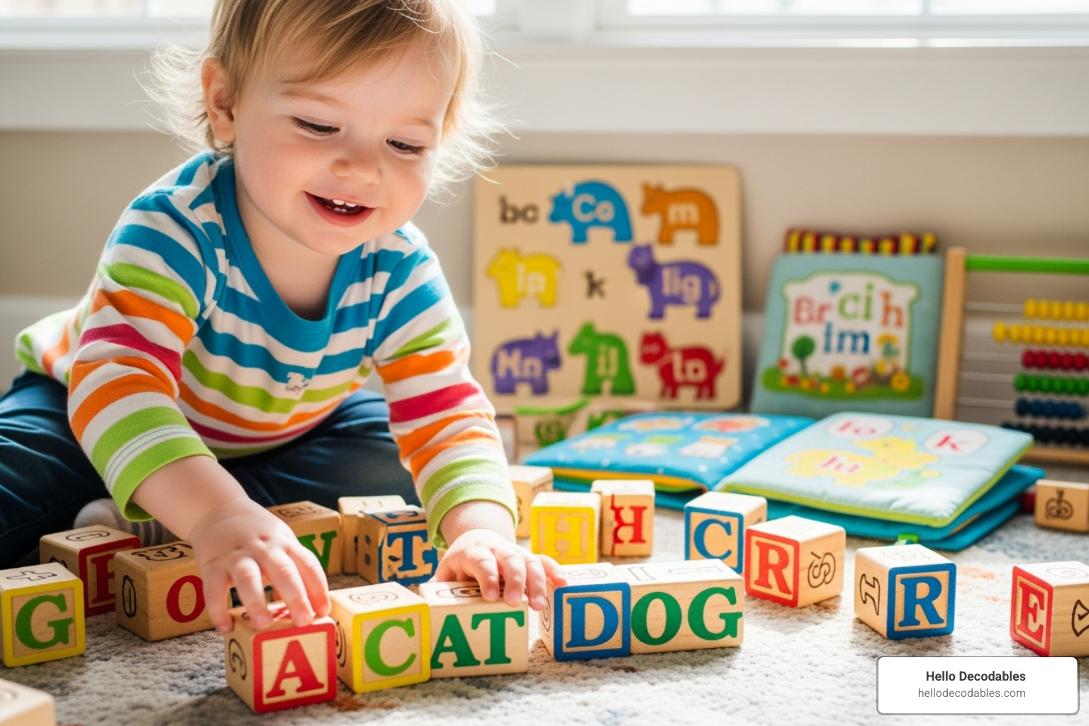 A smiling child happily playing with colorful letter blocks, building words on a rug, with other phonics-related toys in the background. - at home phonics