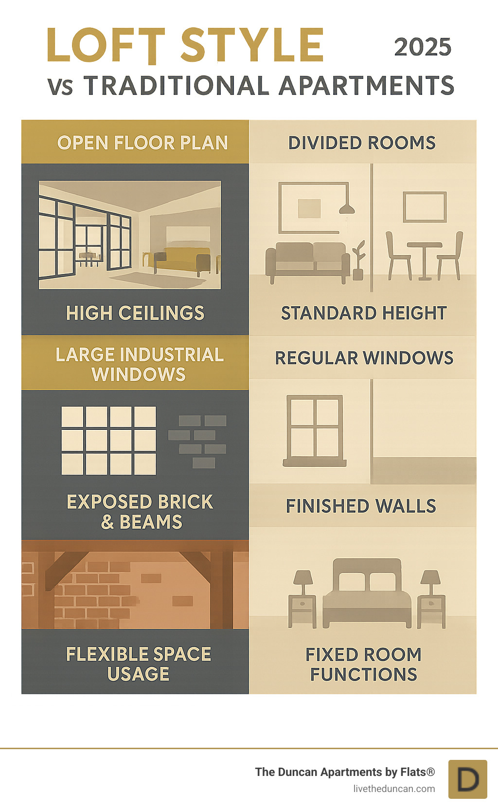 Infographic showing key differences between loft style apartments and traditional apartments, including open floor plans vs divided rooms, high ceilings vs standard height, large industrial windows vs regular windows, exposed brick and beams vs finished walls, and flexible space usage vs fixed room functions - loft style apartments infographic 