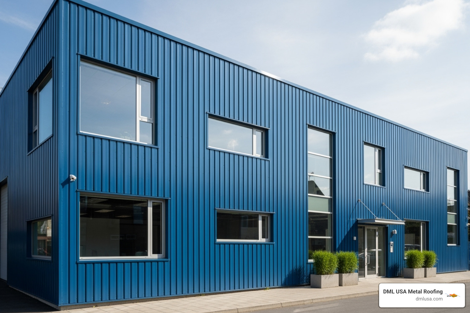 commercial building with vertical blue corrugated siding - colored corrugated metal siding