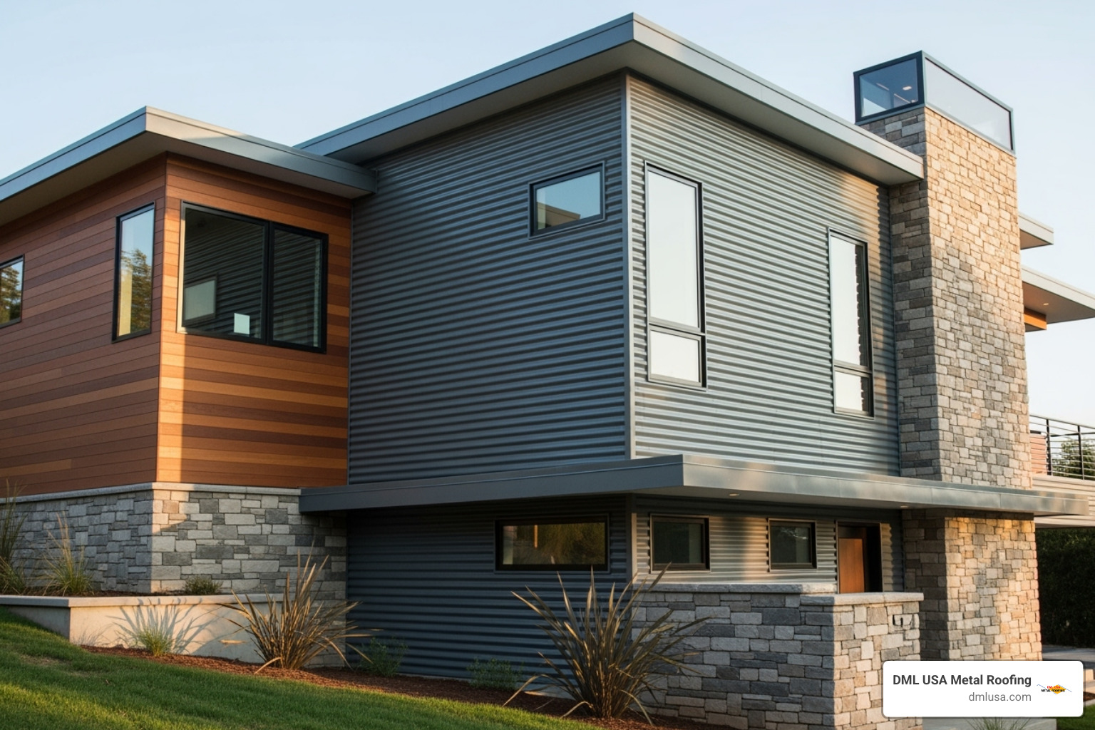 modern residential home with mixed material siding including gray corrugated metal - colored corrugated metal siding