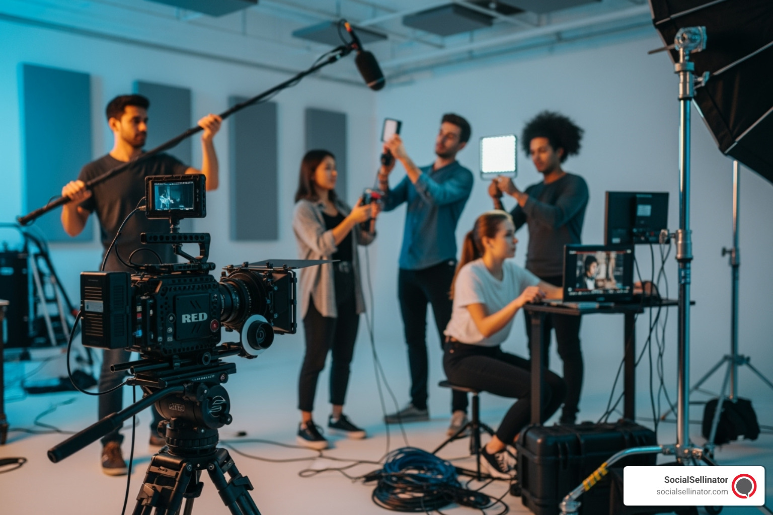 A collage showcasing different video styles: an animated explainer, a live-action testimonial, and a dynamic social media ad - marketing video production services