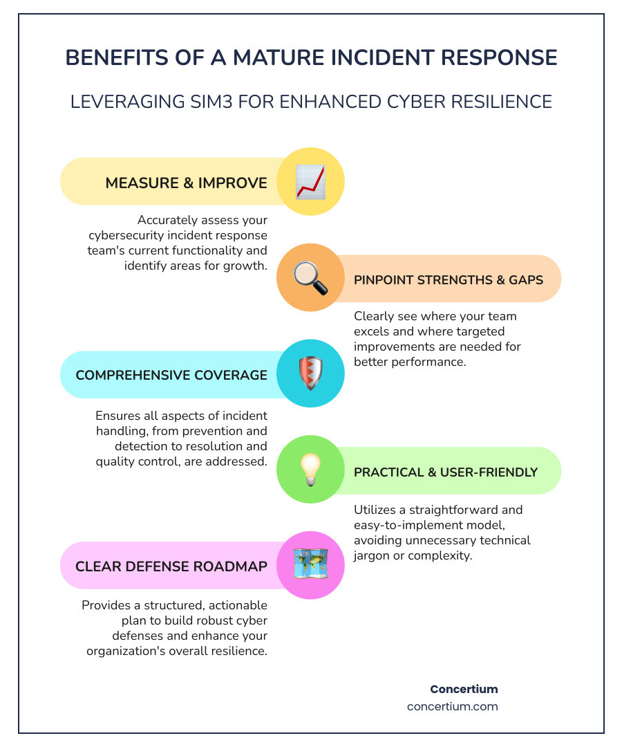 Infographic explaining the benefits of a mature incident response process - sim3 security incident management maturity model infographic infographic-line-5-steps-colors