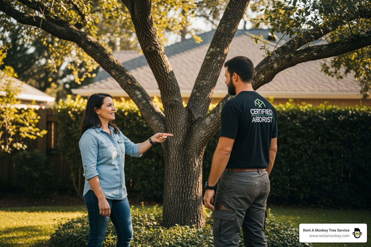 A homeowner speaking with a certified arborist - same day tree service