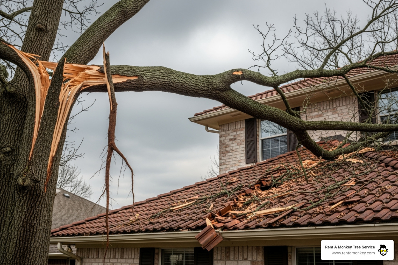 A large, hazardous tree branch hanging precariously over a roof - same day tree service
