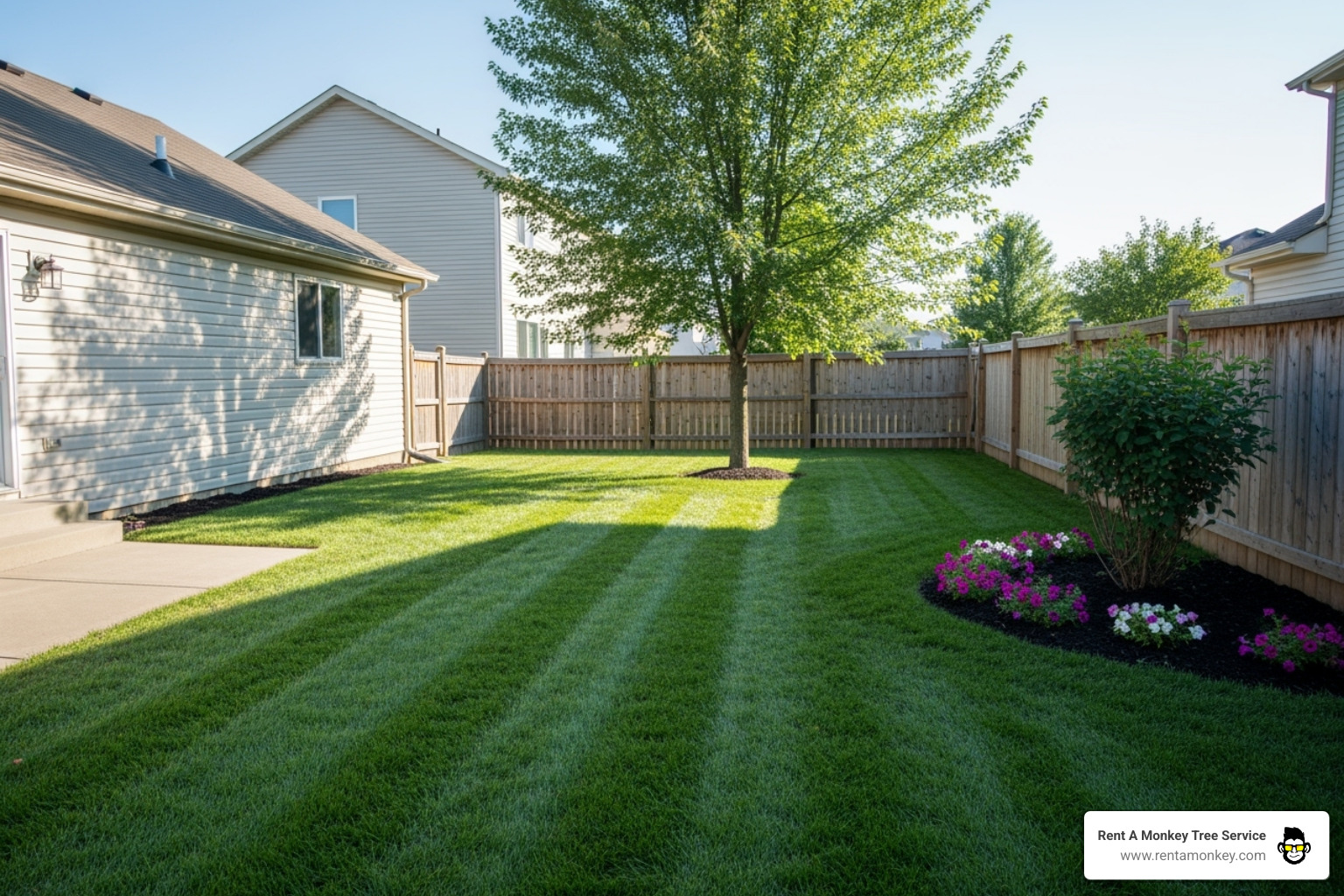 A clean, safe yard after a tree service has completed their work - same day tree service
